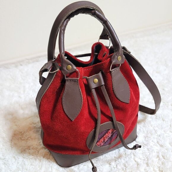Red Suede Bolivian Folk Vintage Leather Synching Boho Bucket Bag Purse - Picture 3 of 13